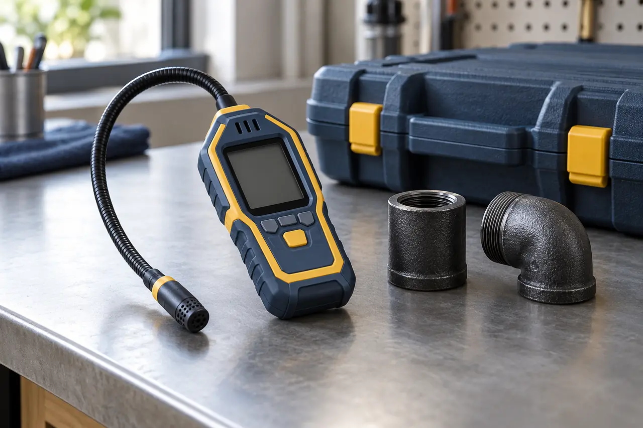 Master gas fitting contractor reviewing plumbing schematics and safety certifications
