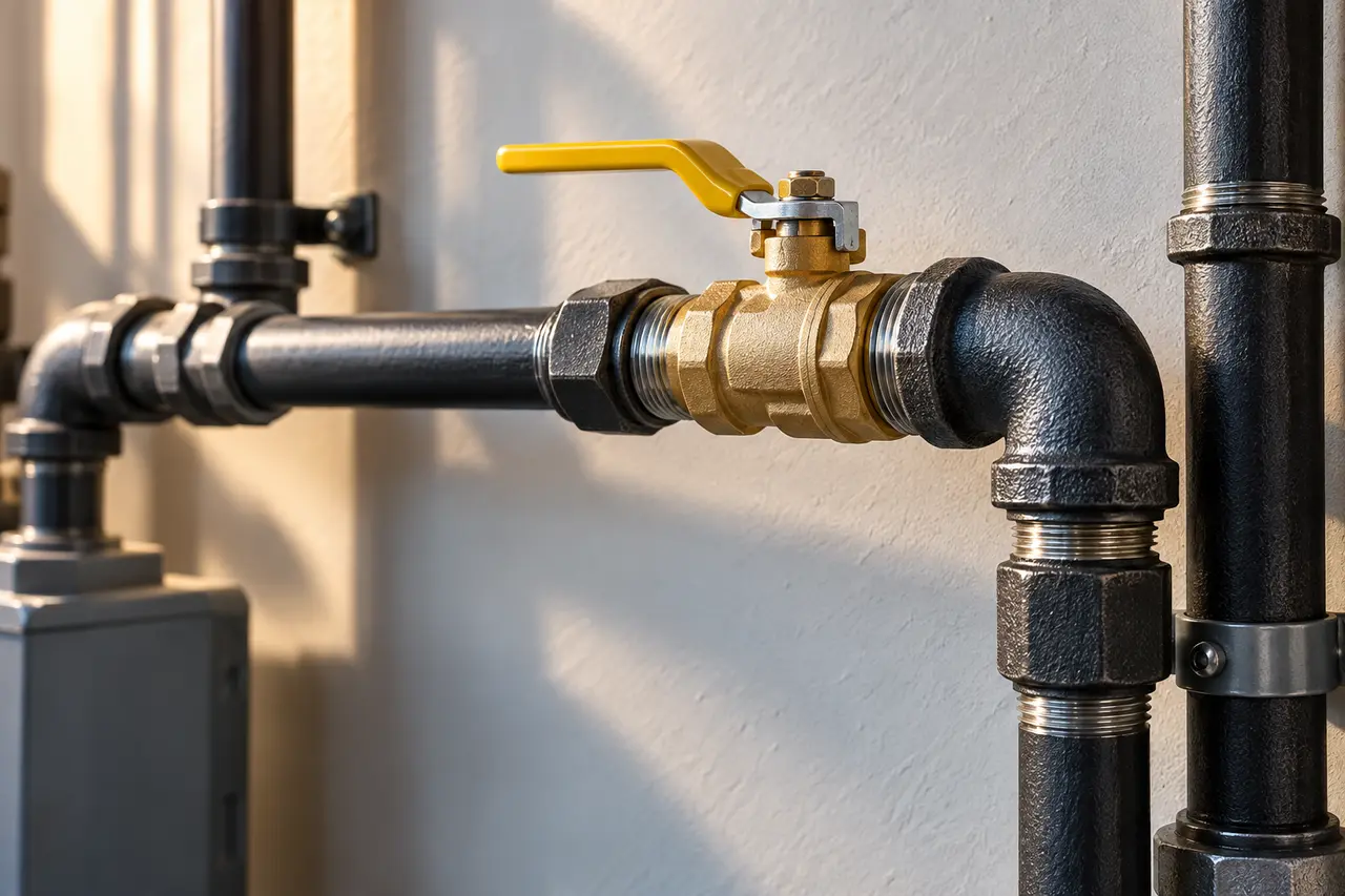 Black iron natural gas manifold piping and yellow safety shutoff valves